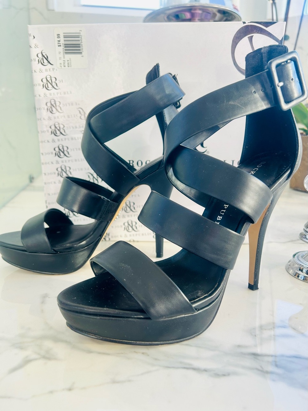 Rock & Republic Black Strappy Platform Stiletto Heels